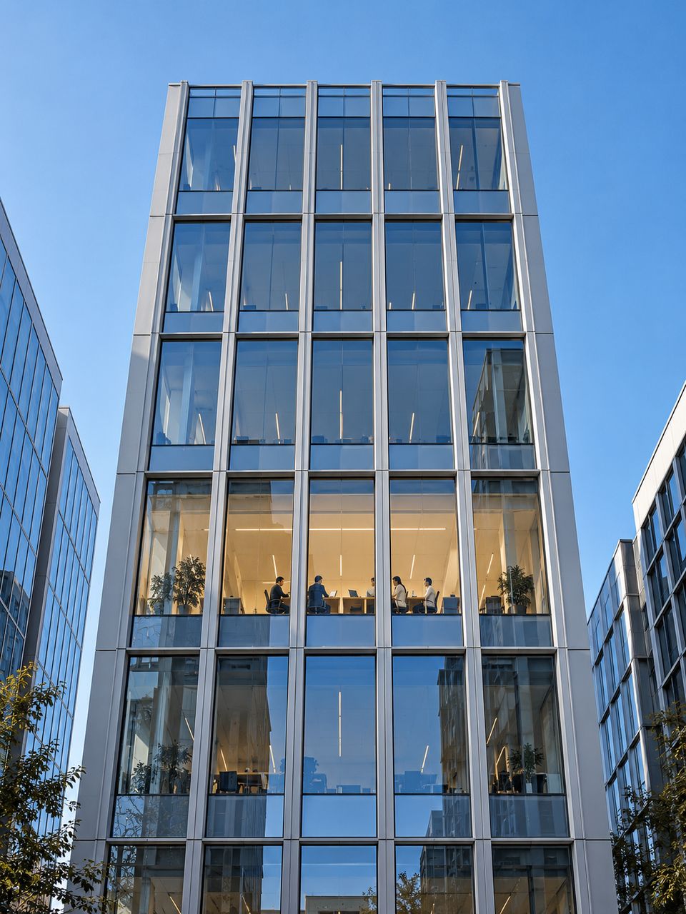 Glass and steel facade of a modern office building, one lit floor with a team at work