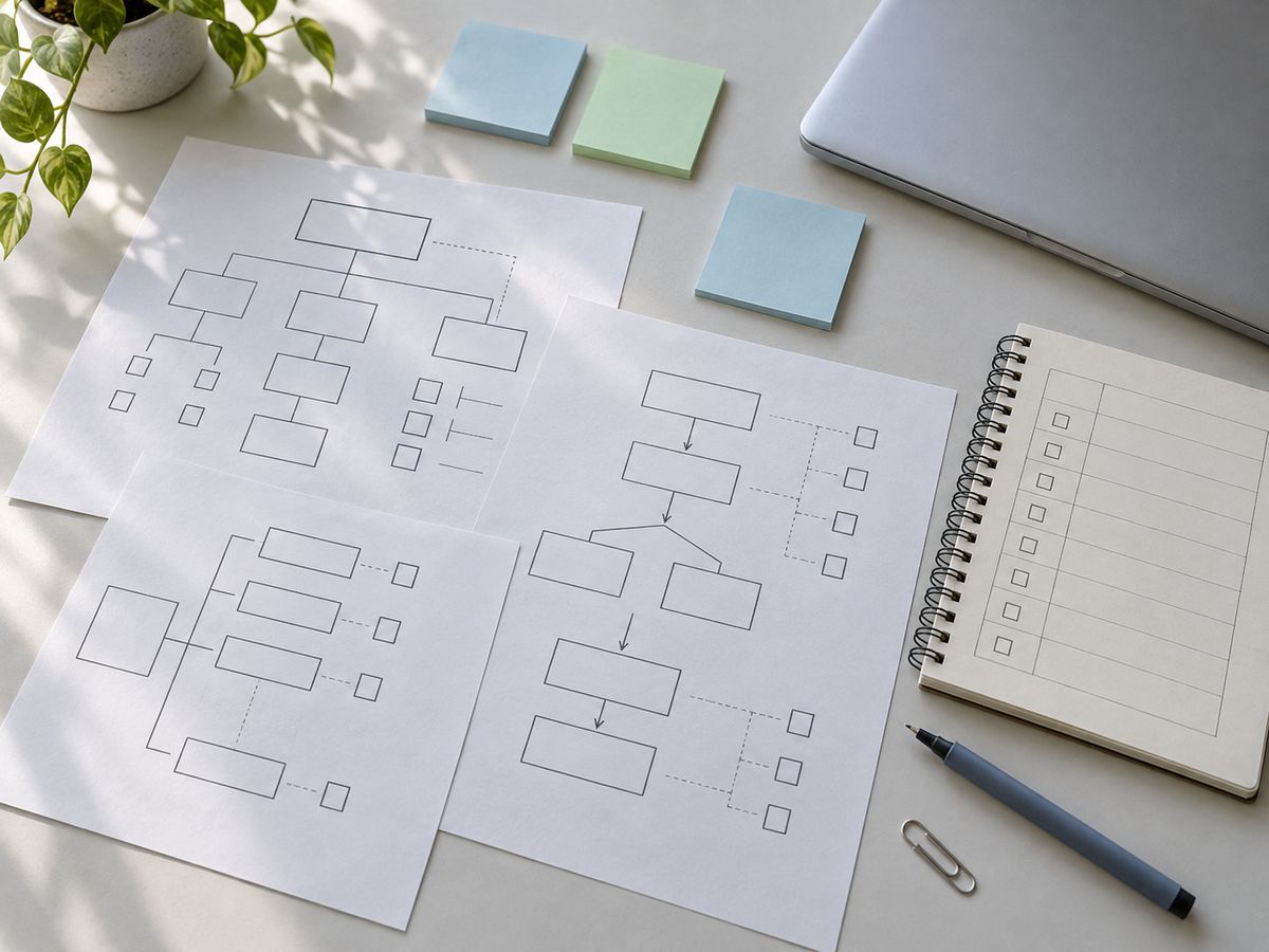 Printed process diagrams, a notebook with a checklist and a closed laptop on a desk